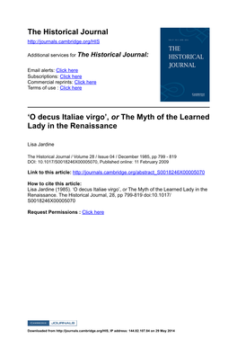 'O DECUS ITALIAE VIRGO', Or the MYTH of the LEARNED LADY in the RENAISSANCE*