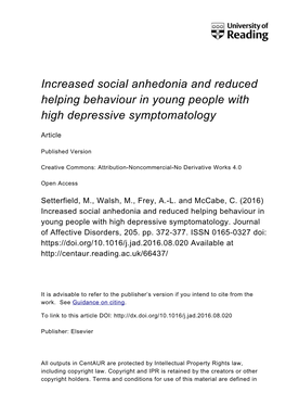 Increased Social Anhedonia and Reduced Helping Behaviour in Young People with High Depressive Symptomatology