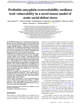 Prelimbic-Amygdala Overexcitability Mediates Trait Vulnerability in a Novel Mouse Model of Acute Social Defeat Stress