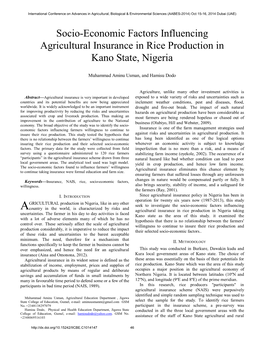 Socio-Economic Factors Influencing Agricultural Insurance in Rice Production in Kano State, Nigeria