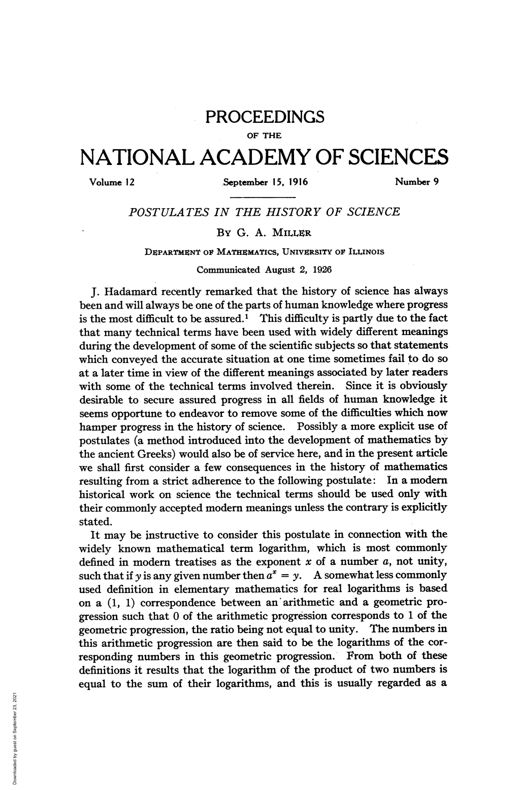 NATIONAL ACADEMY of SCIENCES Volume 12 September 15, 1916 Number 9