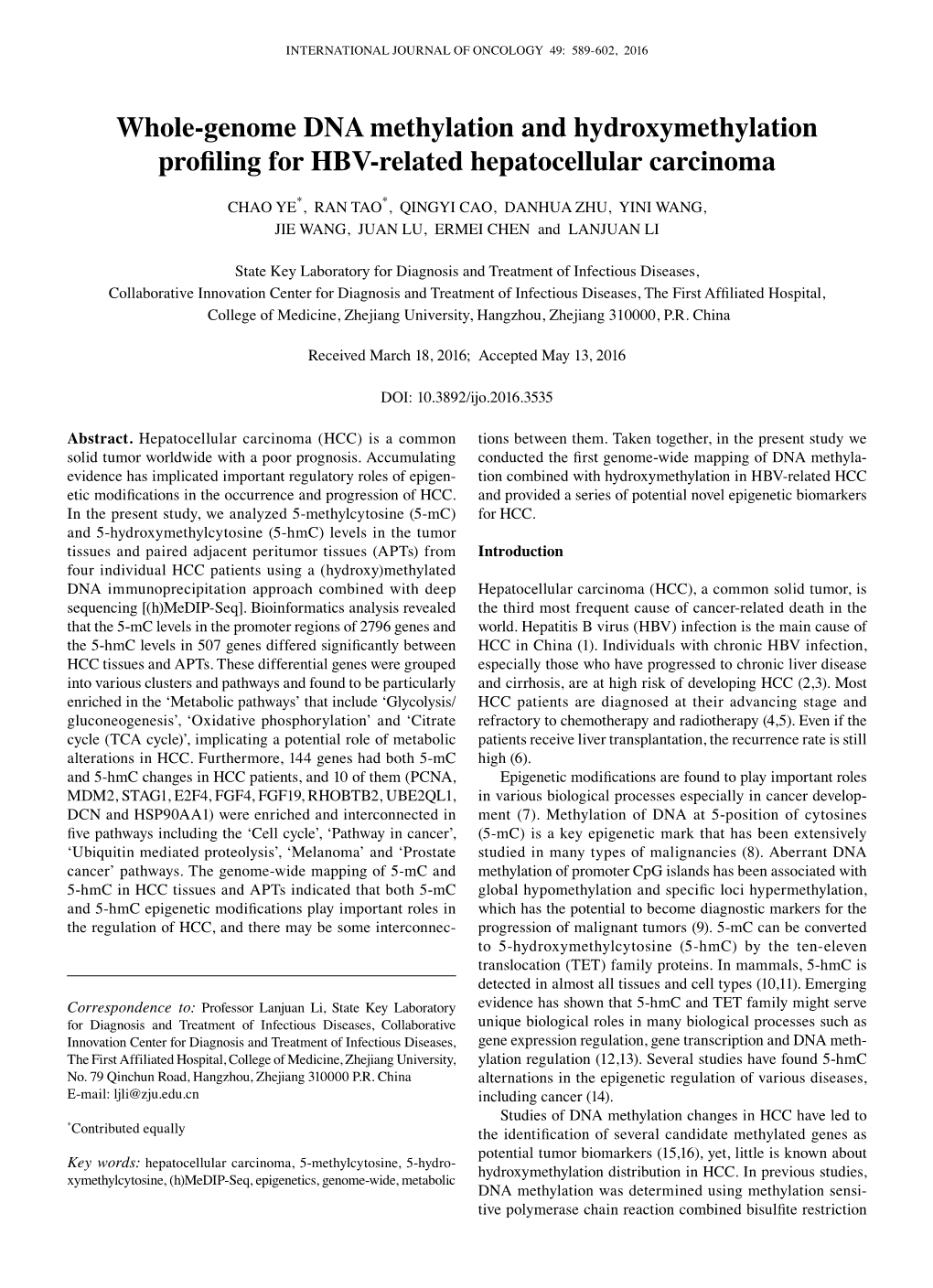 Whole-Genome DNA Methylation and Hydroxymethylation Profiling for HBV-Related Hepatocellular Carcinoma