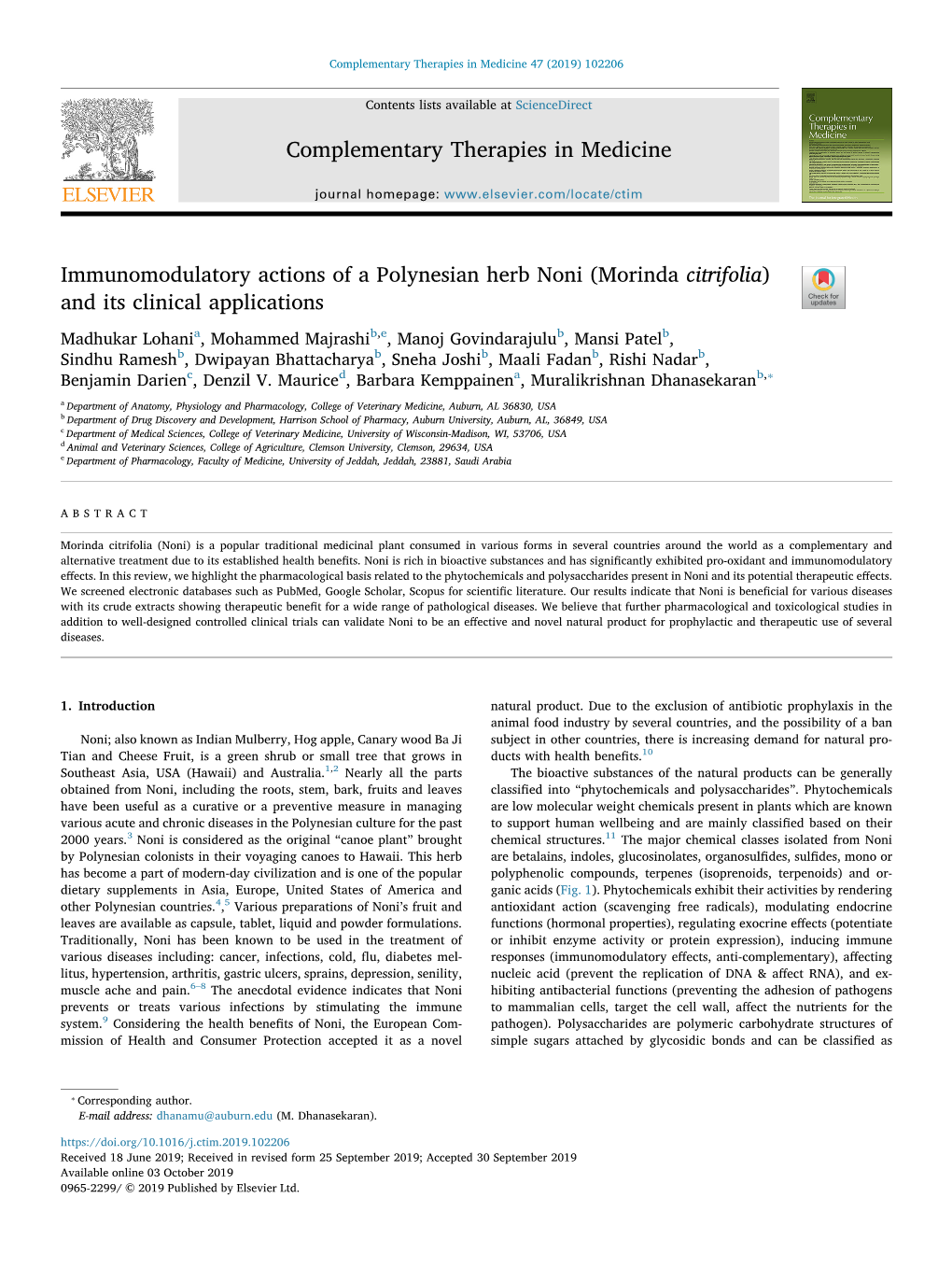 Morinda Citrifolia) and Its Clinical Applications T