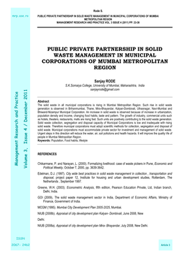 Public Private Partnership in Solid Waste Management in Municipal Corporations of Mumbai Metropolitan Region Management Research and Practice Vol