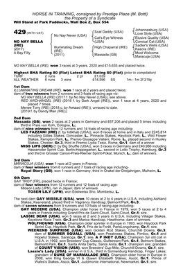 HORSE in TRAINING, Consigned by Prestige Place (M. Botti) the Property of a Syndicate Will Stand at Park Paddocks, Wall Box Z, Box 554