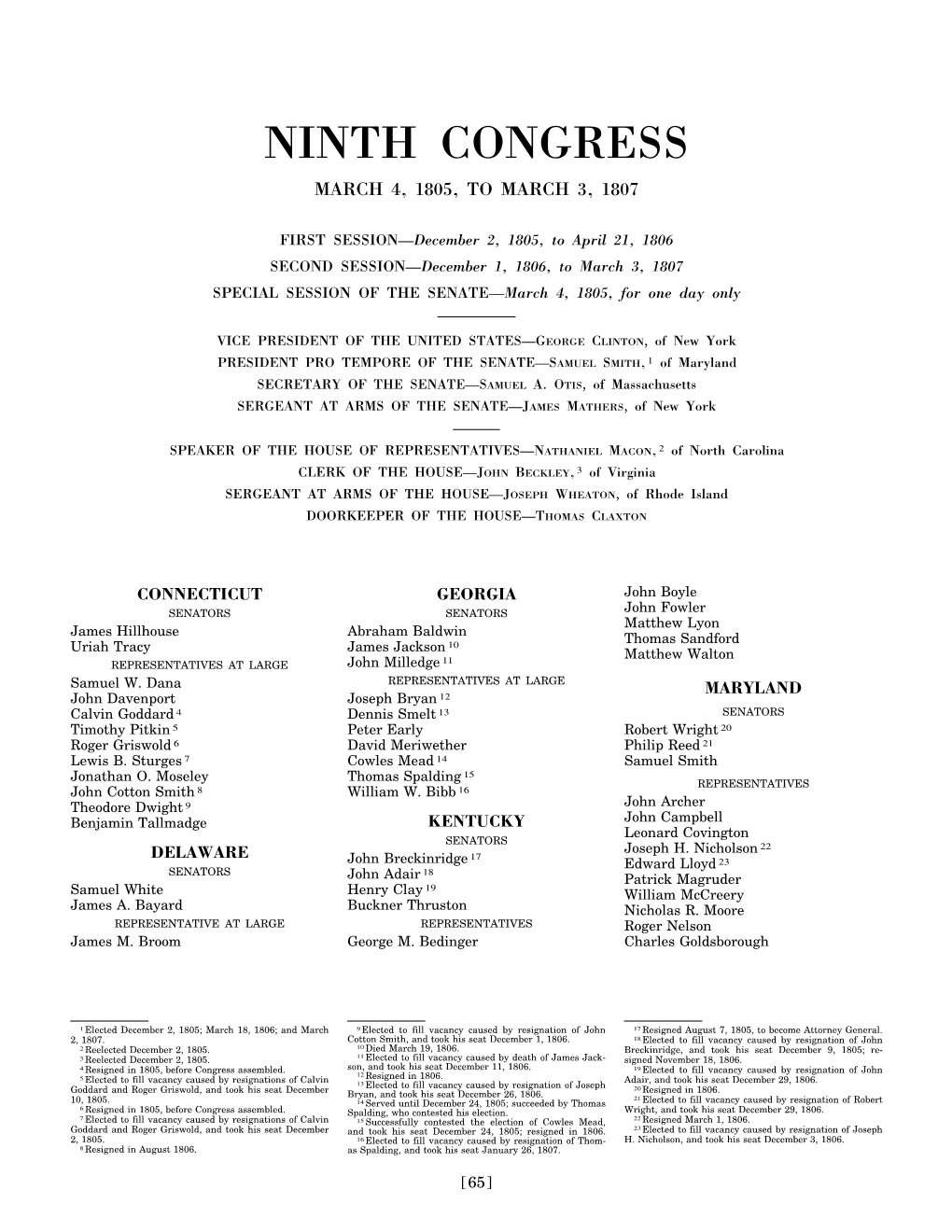 Ninth Congress March 4, 1805, to March 3, 1807
