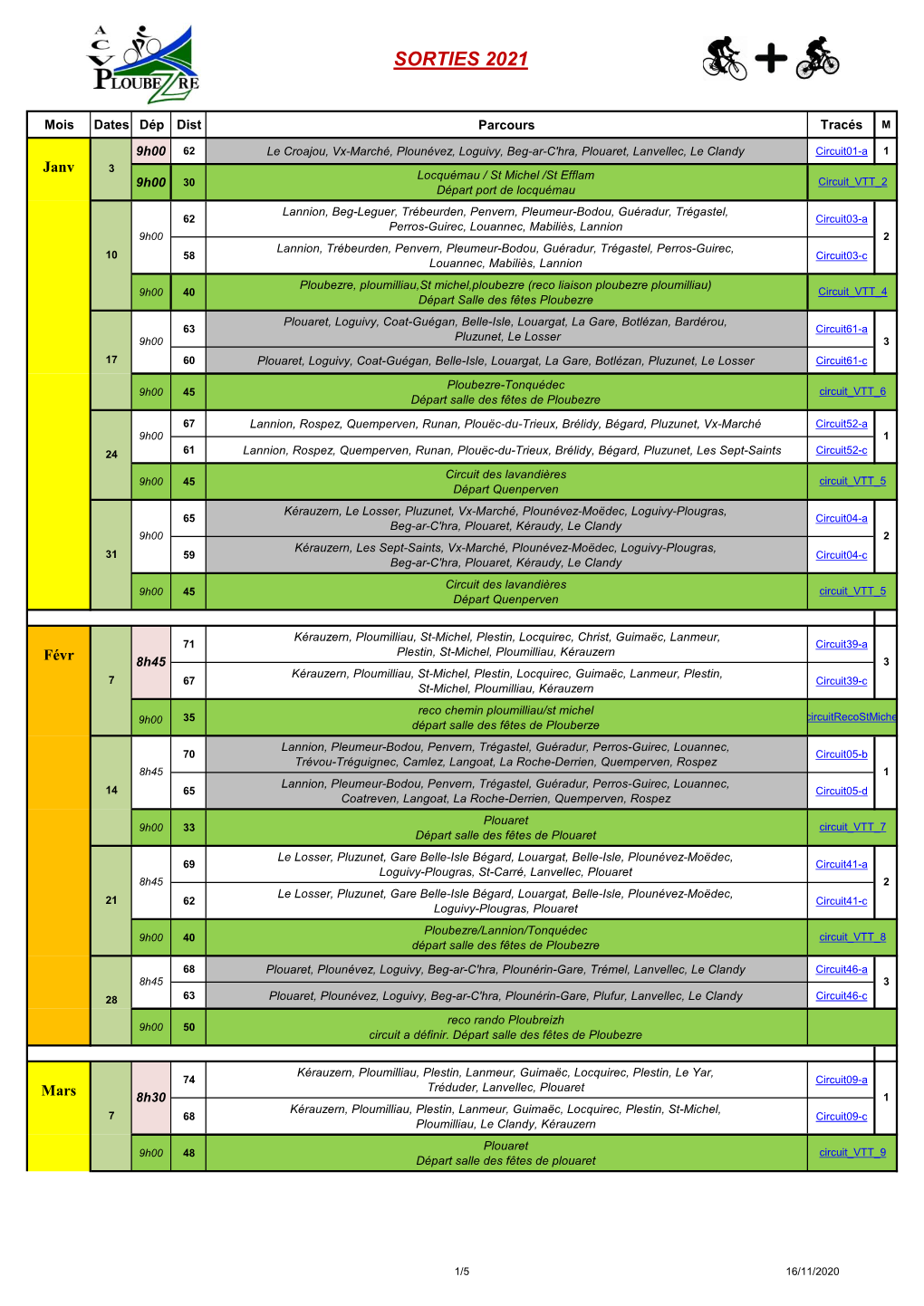 Calendrier Sorties