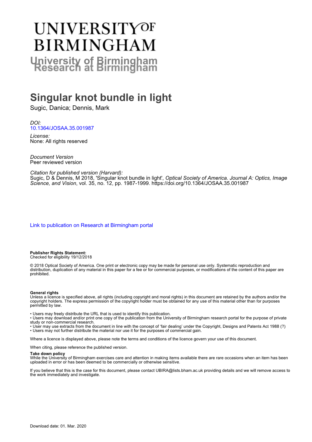 University of Birmingham Singular Knot Bundle in Light