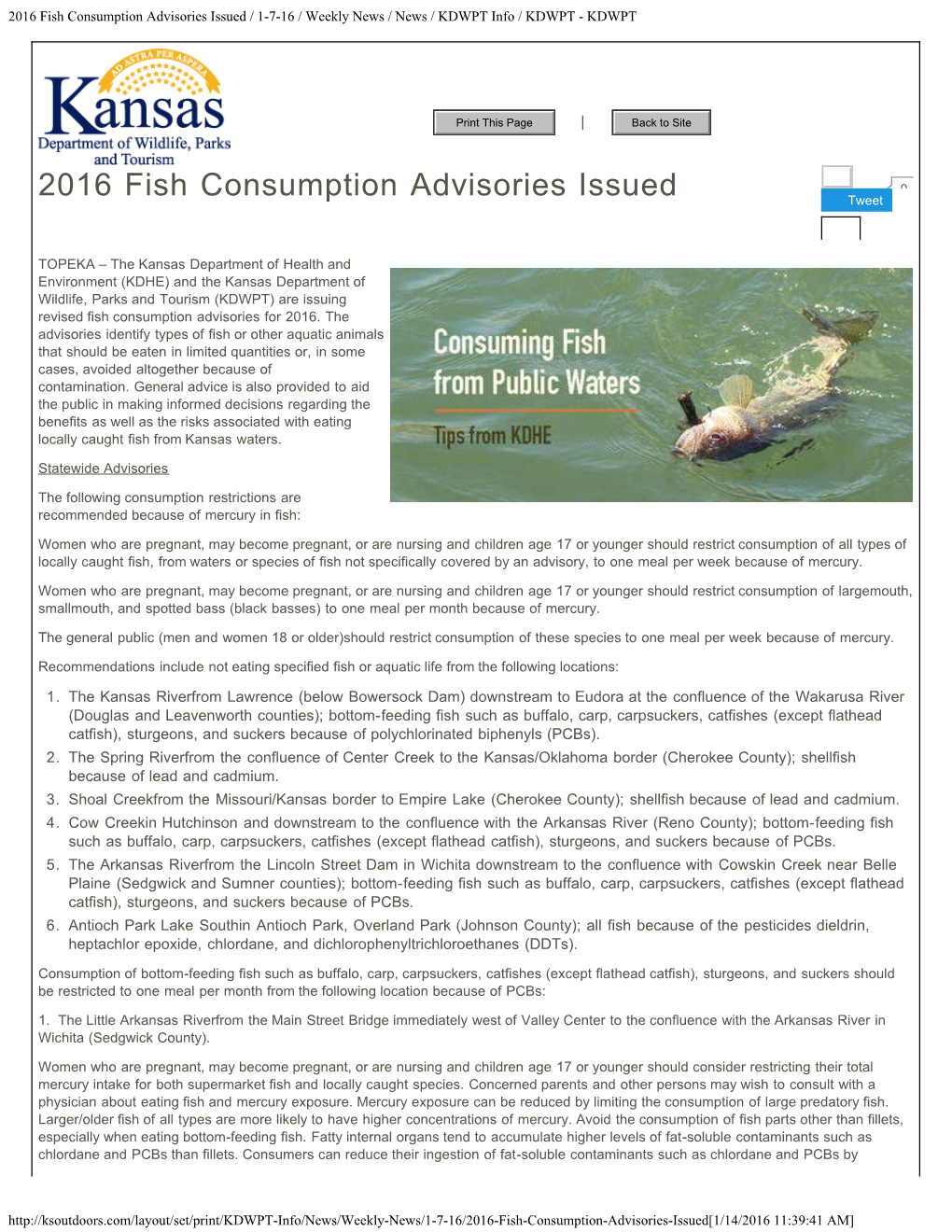2016 Fish Consumption Advisories Issued / 1-7-16 / Weekly News / News / KDWPT Info / KDWPT - KDWPT