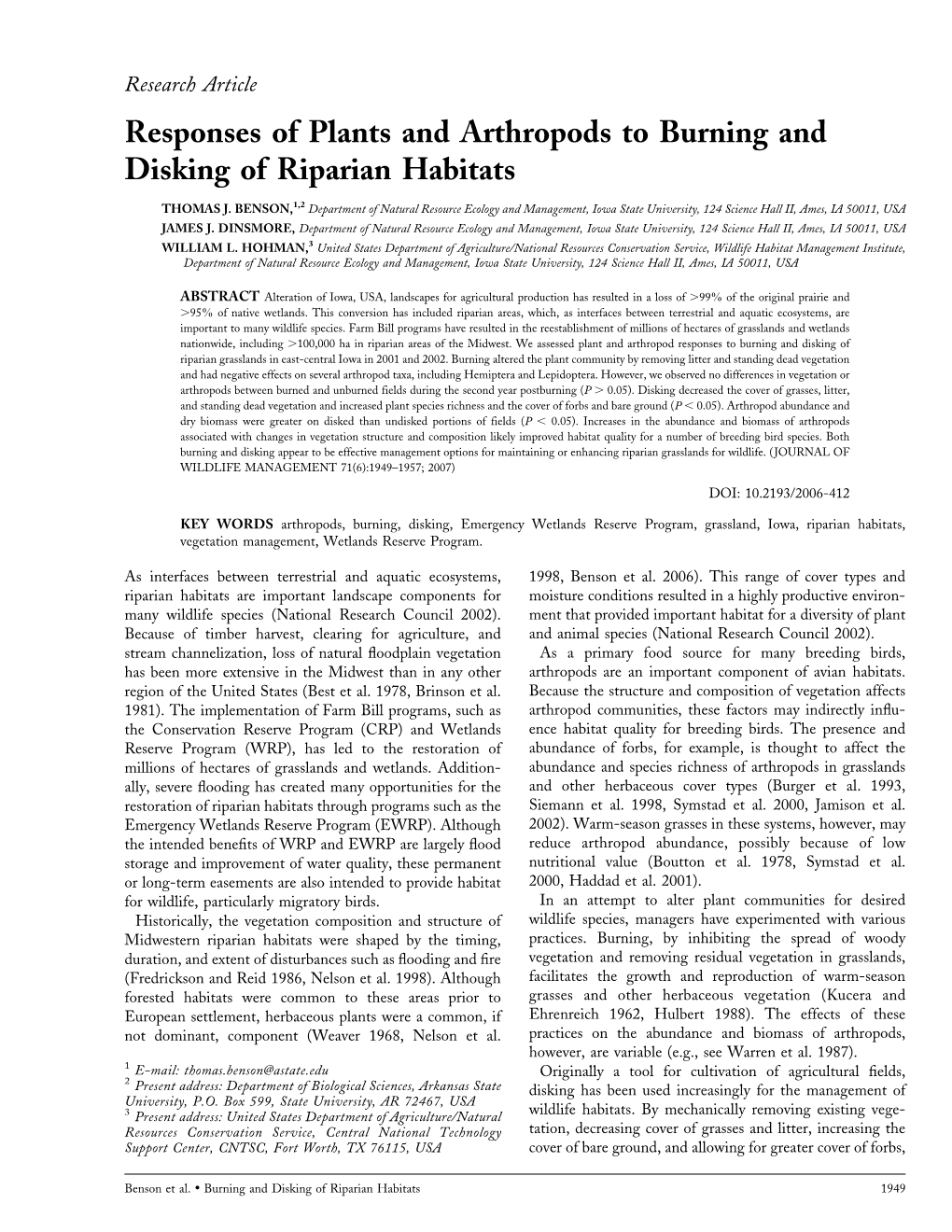 Responses of Plants and Arthropods to Burning and Disking of Riparian Habitats