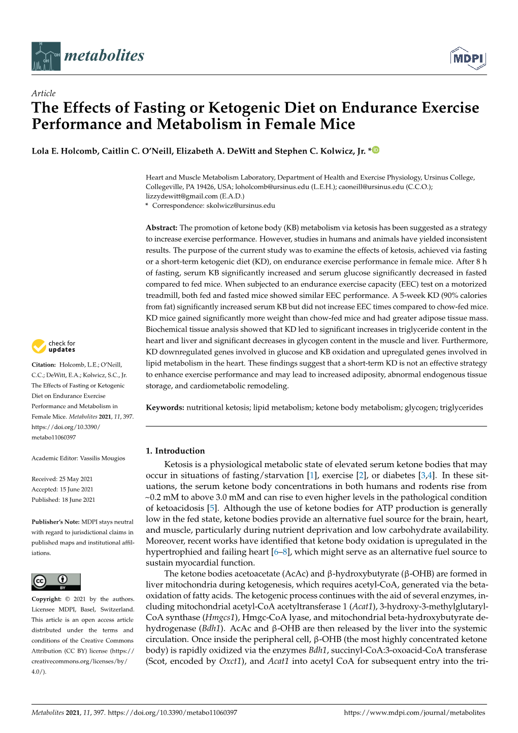 The Effects of Fasting Or Ketogenic Diet on Endurance Exercise Performance and Metabolism in Female Mice