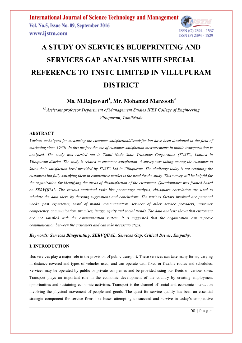 A Study on Services Blueprinting and Services Gap Analysis with Special Reference to Tnstc Limited in Villupuram District