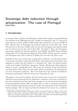 Sovereign Debt Reduction Through Privatization: the Case of Portugal Lukas Nüse⇤