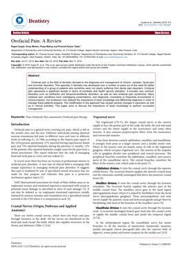 Orofacial Pain: a Review Ragini Gupta, Vinay Mohan, Pooja Mahay and Pramod Kumar Yadav* Department of Periodontics and Community Dentistry, Dr