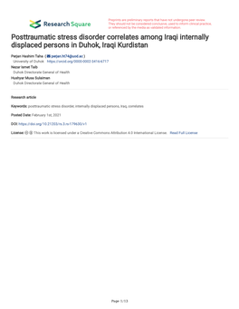 Posttraumatic Stress Disorder Correlates Among Iraqi Internally Displaced Persons in Duhok, Iraqi Kurdistan