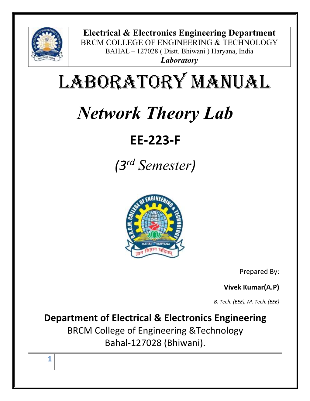 LABORATORY MANUAL Network Theory Lab EE-223-F (3Rd Semester)