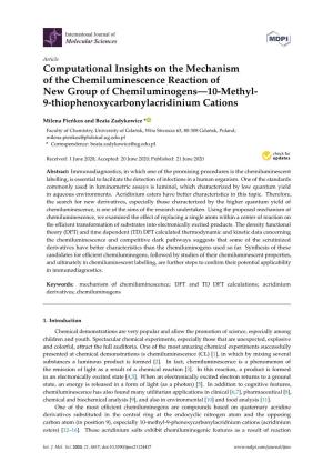 Computational Insights on the Mechanism of the Chemiluminescence Reaction of New Group of Chemiluminogens—10-Methyl- 9-Thiophenoxycarbonylacridinium Cations