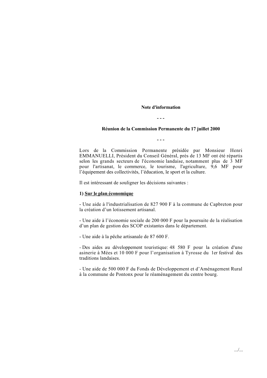 Commission Permanente Du 17 Juillet 2000