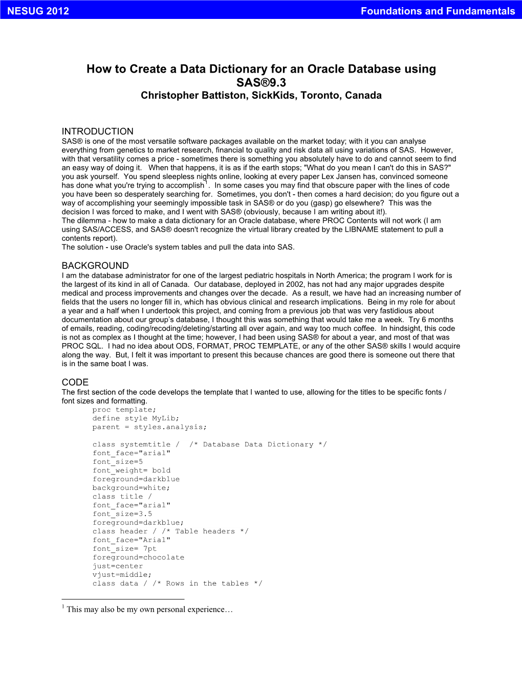 Creating a Data Dictionary for an Oracle Database Using SAS®