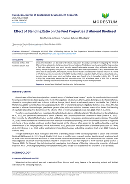 Effect of Blending Ratio on the Fuel Properties of Almond Biodiesel