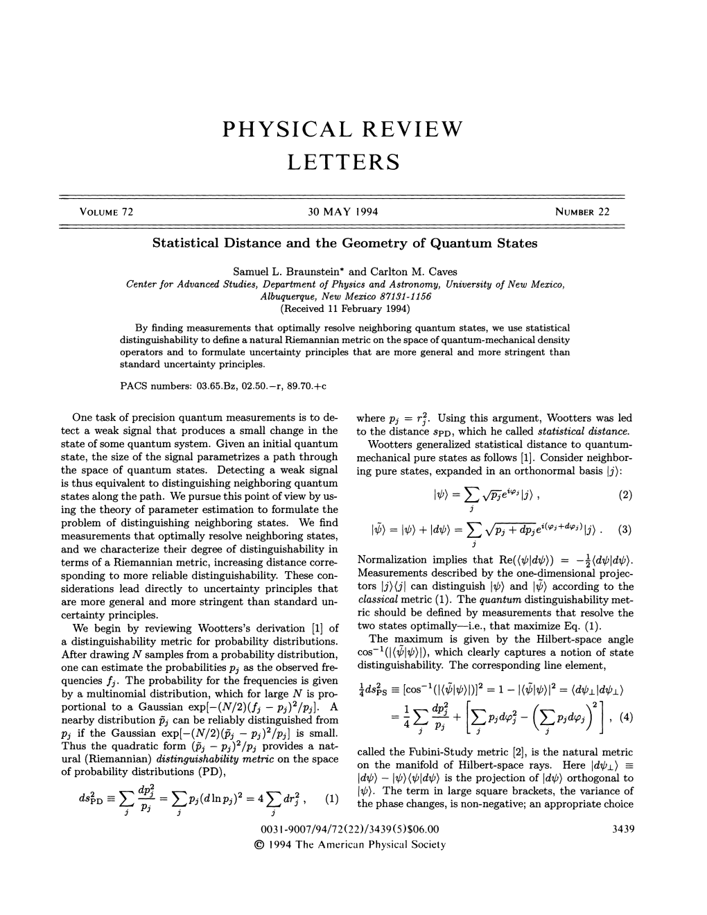 Statistical Distance and the Geometry of Quantum States