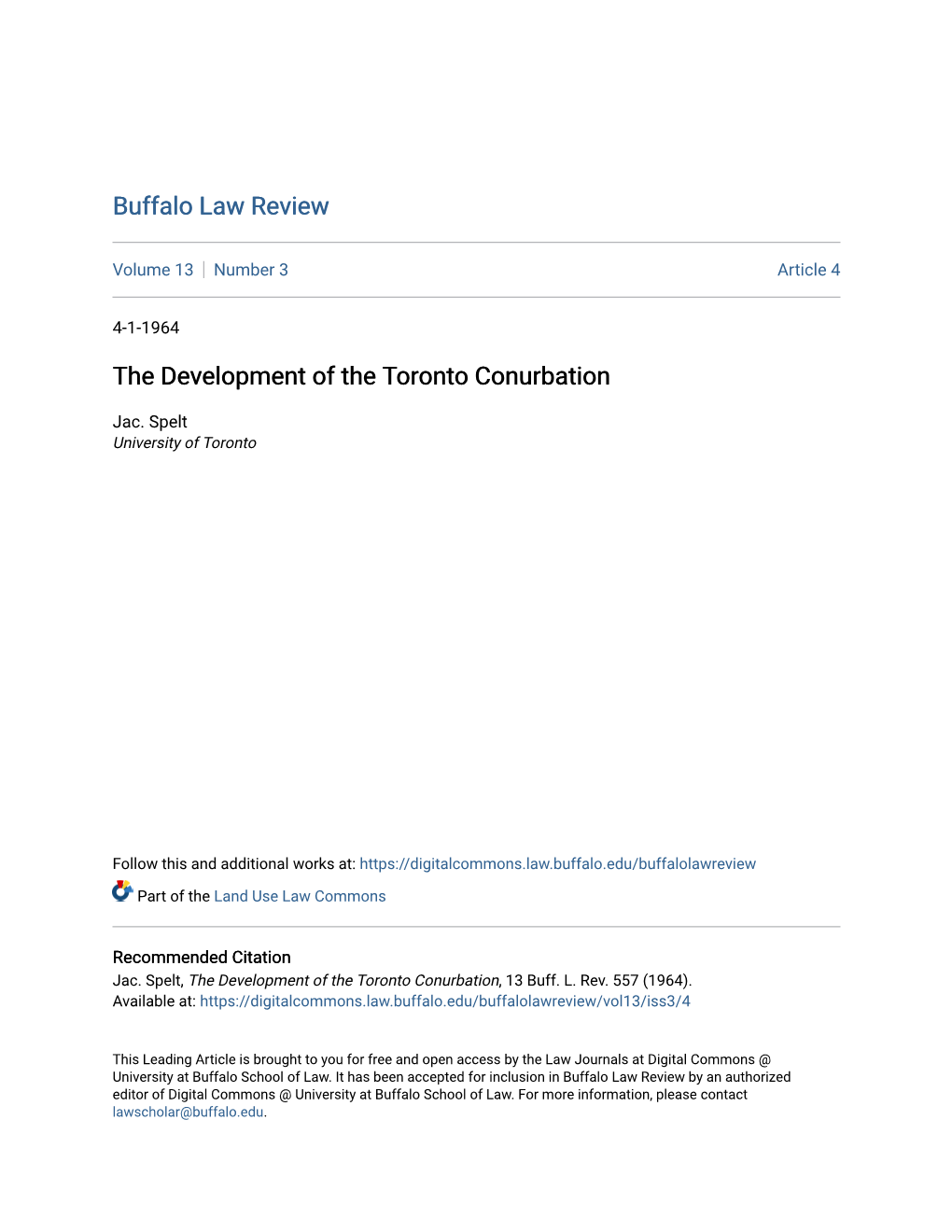 The Development of the Toronto Conurbation