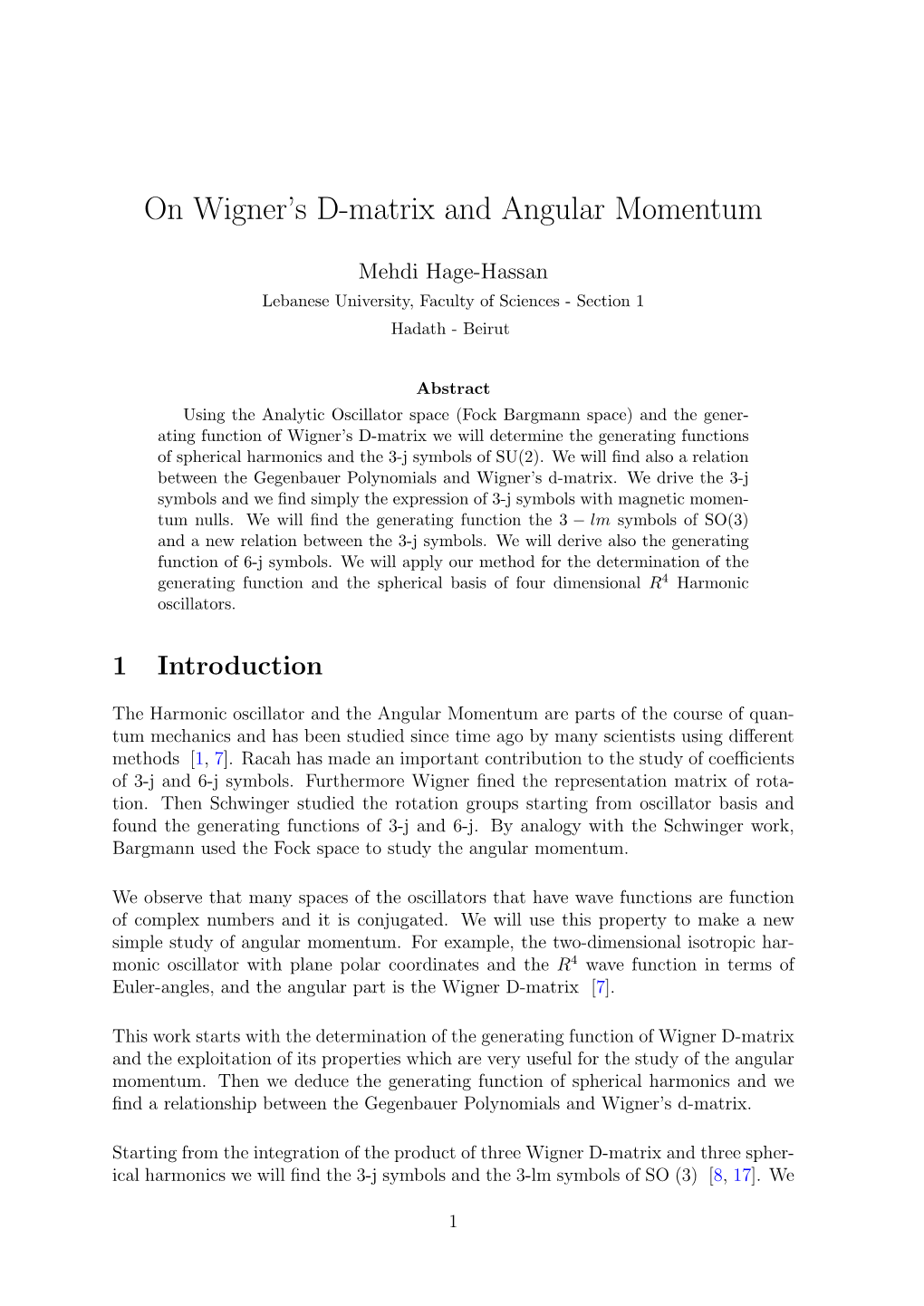 On Wigner's D-Matrix and Angular Momentum