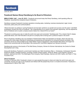 Facebook Names Sheryl Sandberg to Its Board of Directors