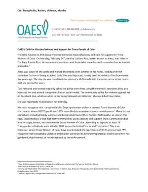 OAESV Calls for #Justiceforalexa and Support for Trans People of Color