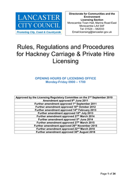 Rules, Regulations and Procedures for Hackney Carriage & Private Hire