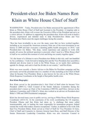 President-Elect Joe Biden Names Ron Klain As White House Chief of Staff