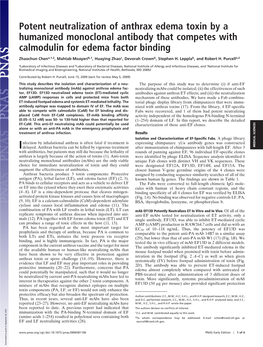 Potent Neutralization of Anthrax Edema Toxin by a Humanized Monoclonal Antibody That Competes with Calmodulin for Edema Factor Binding