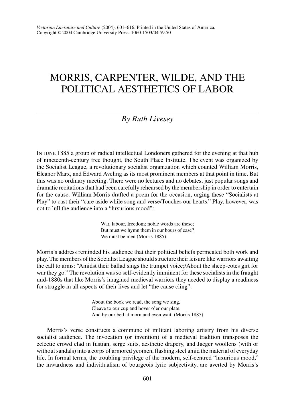 Morris, Carpenter, Wilde, and the Political Aesthetics of Labor