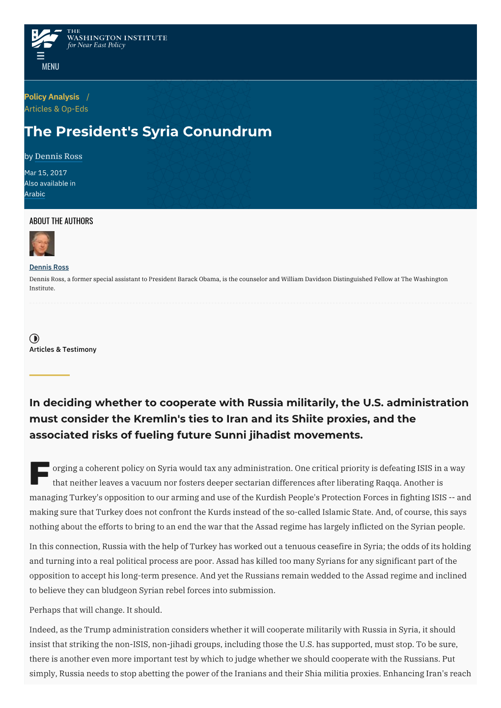 The President's Syria Conundrum | the Washington Institute