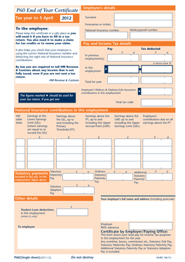 P60 End of Year Certificate Employee's Details Tax Year to 5 April 2012 Surname Forenames Or Initials