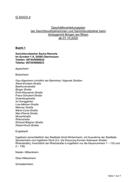 G 5243/2 D Geschäftsverteilungsplan Der Gerichtsvollzieherinnen Und Gerichtsvollzieher Beim Amtsgericht Bingen Am Rhein Ab