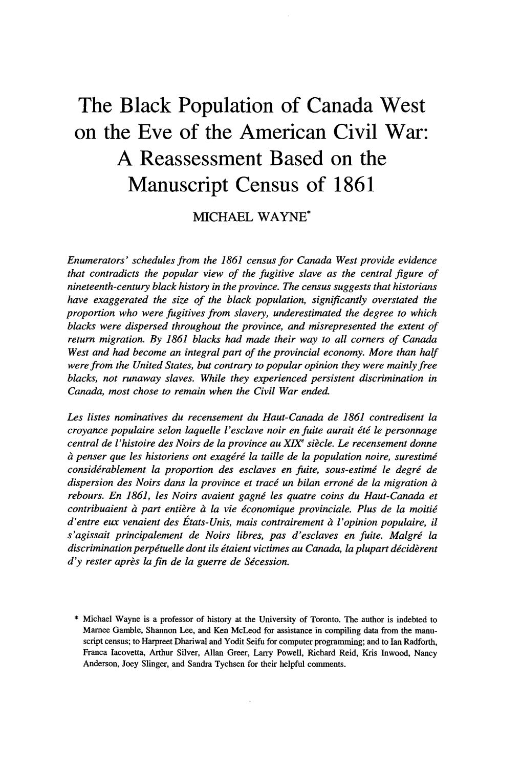 The Black Population of Canada West on the Eve of the American Civil War: a Reassessment Based on the Manuscript Census of 1861