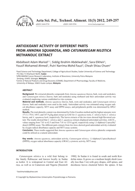 Antioxidant Activity of Different Parts from Annona Squamosa, and Catunaregam Nilotica Methanolic Extract