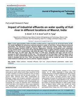 Impact of Industrial Effluents on Water Quality of Kali River in Different Locations of Meerut, India