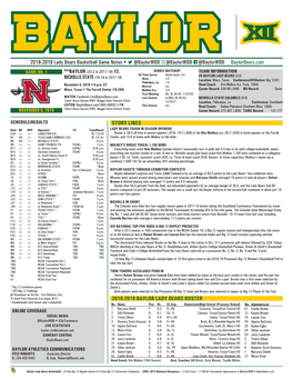 2018-2019 Lady Bears Basketball Game Notes • @Baylorwbb @Baylorwbb @Baylorwbb Baylorbears.Com GAME NO