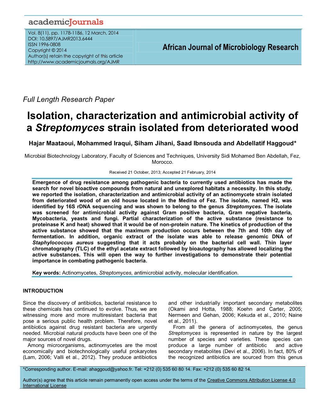 Isolation, Identification and Antimicrobial Activities of An