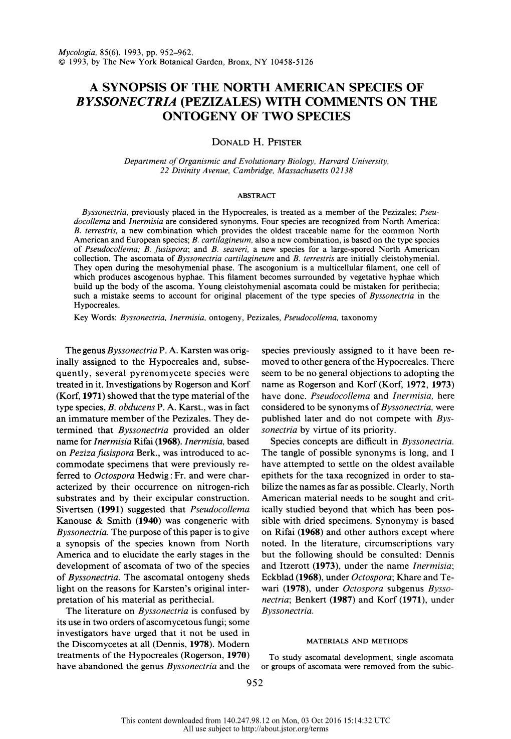 A Synopsis of the North American Species of Byssonectria (Pezizales) with Comments on the Ontogeny of Two Species