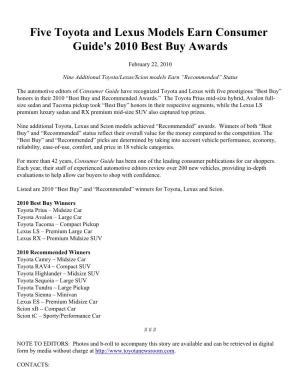 Five Toyota and Lexus Models Earn Consumer Guide's 2010 Best Buy Awards