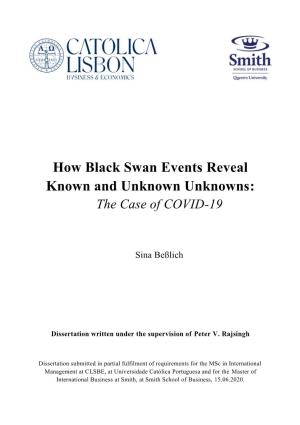 How Black Swan Events Reveal Known and Unknown Unknowns: the Case of COVID-19