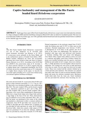 Captive Husbandry and Management of the Rio Fuerte Beaded Lizard Heloderma Exasperatum