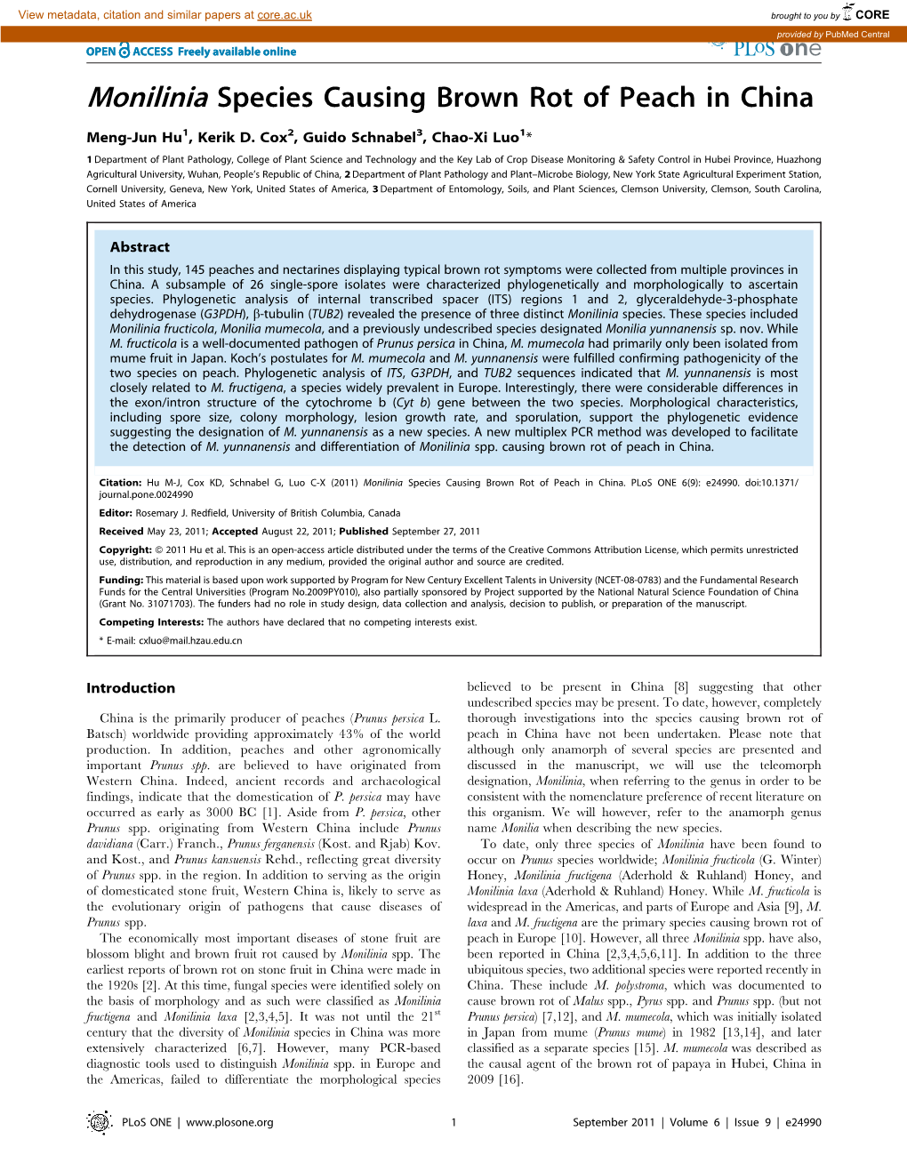 Monilinia Species Causing Brown Rot of Peach in China