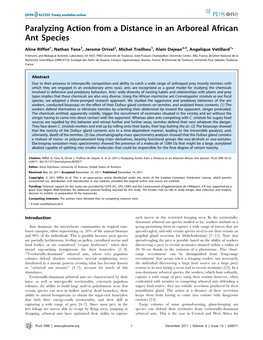 Paralyzing Action from a Distance in an Arboreal African Ant Species