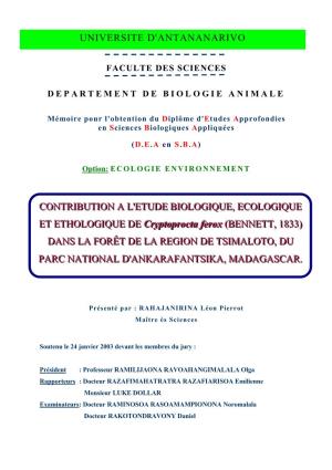 Contribution a L'etude Biologique, Ecologique Et
