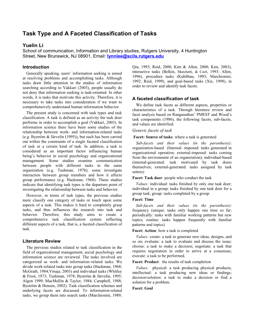 Task Type and a Faceted Task Classification