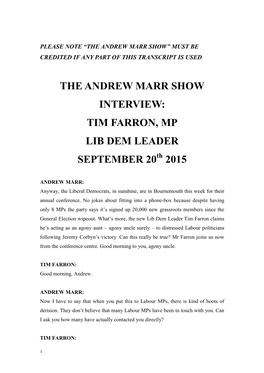 THE ANDREW MARR SHOW INTERVIEW: TIM FARRON, MP LIB DEM LEADER SEPTEMBER 20Th 2015